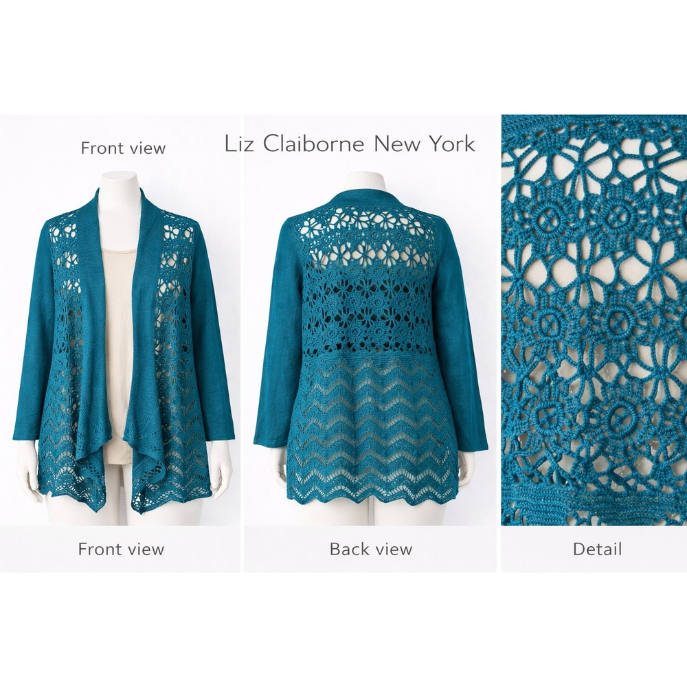 Liz Claiborne Crochet Cardigan Sweater 3X Dark Turquoise Open Front A235543 NWT‎